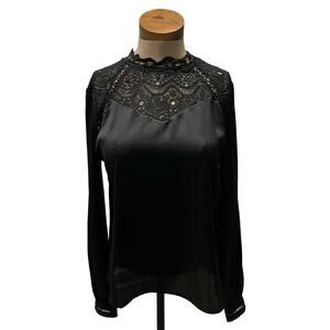 MISS ME‎ Blouse Black Lacy, Long Sleeve, Keyhole, Goth, Semi-Sheer, Grunge